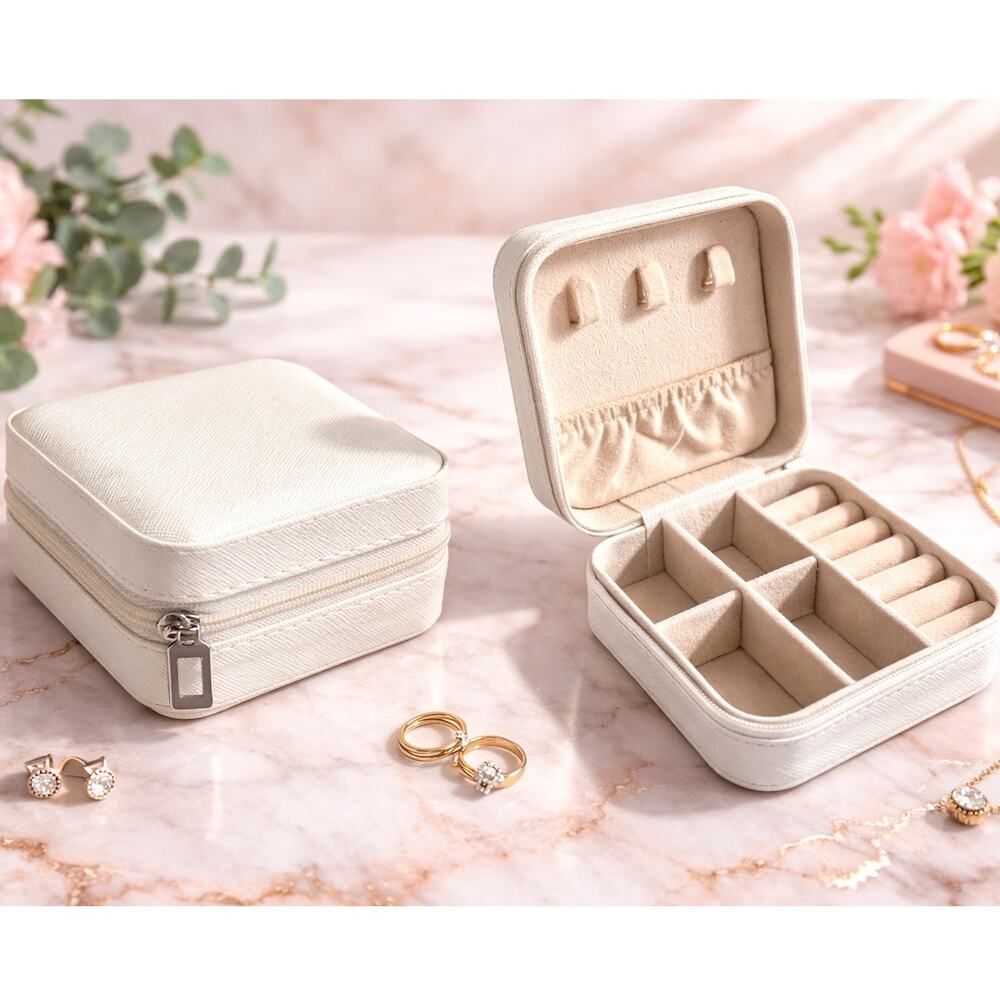 NEW Travel Jewelry Organizer Case White Compact Zip Storage Box